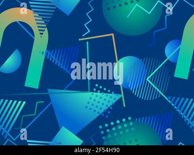Gradient geometric seamless pattern in 80s style with memphis elements. Synthwave retro background. Retrowave. Background for printing on paper, adver Stock Vector