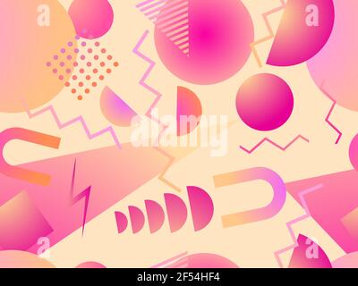 Gradient geometric seamless pattern in 80s style with memphis elements. Synthwave retro background. Retrowave. Background for printing on paper, adver Stock Vector