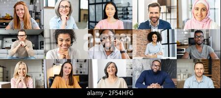 Screensaver with a many diverse people profiles on it. Group of multiracial and multi generation people using app for video meeting online, brainstorming, a lot of employees have video call together Stock Photo