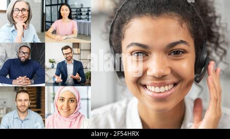 Group video calling concept of diverse colleagues. A biracial female wearing headset holding video conference, a members of diverse team on the screen. Virtual meeting with colleagues, coworkers Stock Photo