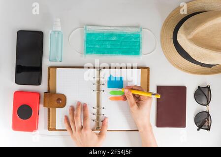 plan trip with covid (mask and disinfectant) Stock Photo