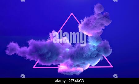 Lights in the sky, abstract geometric shape in the clouds. Triangle. Neon effect. Creativity. Crypto art. Alien worlds other galaxies, sci-fi Stock Photo