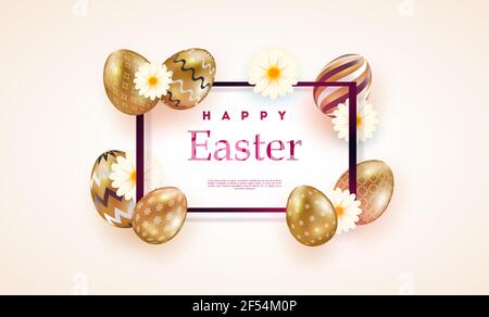 Composition of Easter eggs. Festive background On a light background, white golden Easter eggs with geometric patterns. Template for posters and Stock Vector