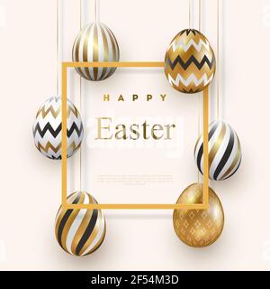 Composition of Easter eggs. Festive background On a light background, white golden Easter eggs with geometric patterns. Template for posters and Stock Vector