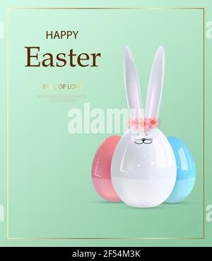 Happy easter. Design Rabbit with eggs. Festive spring 3d composition. Realistic stage, catwalk, festive studio. Minimal background. Modern creative Stock Vector
