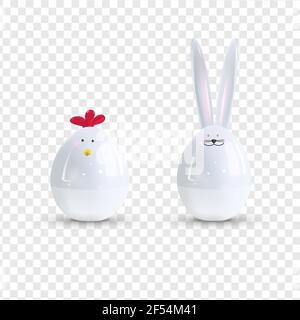Vector white ceramic Easter bunny and chicken. Decorative realistic object for Easter Day. Stock Vector