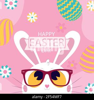 White Easter bunny with glasses on a pink background - Vector illustration Stock Vector