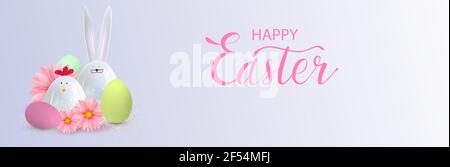 Happy Easter holiday background. Festive design with realistic 3d bunny and chicken decor elements. Spring flowers and eggs. Banner, web poster, flyer Stock Vector