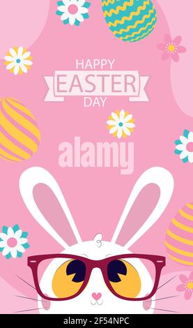 White Easter bunny with glasses on a pink background - Vector illustration Stock Vector