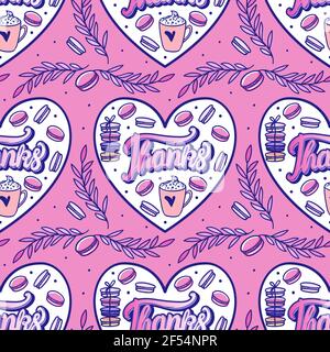 Macaroons with a cup and the inscription Thanks. Vector Seamless pattern with shape of a heart on pink background. Sweet cute design cafe. Stock Vector