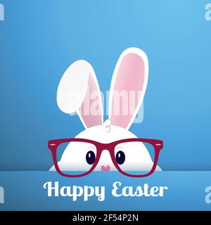 White Easter bunny with glasses on a blue background - Vector illustration Stock Vector