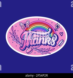 Thanks lettering inscription. Sweet macaroons and rainbow. Vector hand illustration. Sticker design Stock Vector