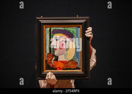 London UK 24 March 2021 A major Picasso portrait unseen for nearly 40 years, Femme au Béret Mauve will be  shown in cities around the world before being offered for sale at Bonhams Impressionist and Modern Art sale in New York on Thursday 13 May. It has an estimate of $10,000,000-15,000,000.Paul Quezada-Neiman/Alamy Live News Stock Photo