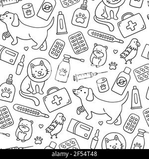 Veterinary seamless pattern with pets, medicines and food. A cat in a collar and a dog with a bandaged paw. Stock Vector