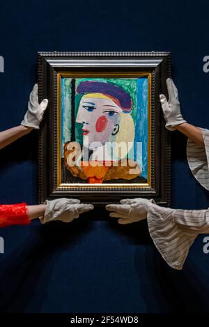 London, UK. 24th Mar, 2021. Femme au Béret Mauve, 1937 by Pablo Picasso. Estimate: $10,000,000-15,000,000 - the portrait, unseen for nearly 40 years, is being shown in cities around the world before being offered for sale at Bonhams Impressionist and Modern Art sale in New York on Thursday 13 May. Credit: Guy Bell/Alamy Live News Stock Photo