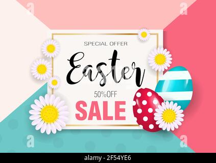 Happy Easter super offer, discounts, promotion with realistic colored eggs. Vector illustration Stock Vector