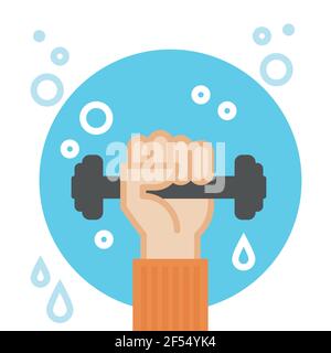 Hand holding dumbbell. Fitness symbol. Workout concept. Vector illustration, flat design Stock Vector