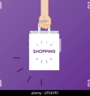 Hand holding shopping bag. Vector illustration, flat design Stock Vector
