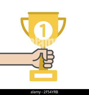 Hand holding golden cup award. Vector illustration, flat design Stock Vector