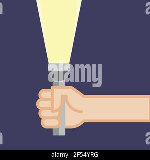 Hand holding flashlight. Vector illustration, flat design Stock Vector