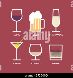 Set: alcohol drinks. Several kinds of glasses. Wine, beer, champagne, martini and cognac. Vector illustration, flat design Stock Vector