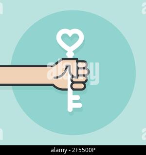 Hand holding key. Vector illustration, flat design Stock Vector