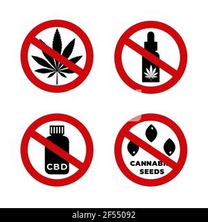 Set of forbidden signs with Cannabis, marijuana leaf,CBD,seeds and oil icon, no drug sign. Flat vector illustration. Stock Vector