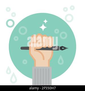 Hand holding fountain pen. Creativity concept. Vector illustration, flat design Stock Vector