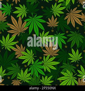 Cannabis seamless pattern with leaves and seeds. Vector illustration Stock Vector