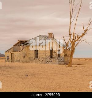 The abandoned Garub Railway Station with a daed tree. It is an empty and dilapidated white building in the Namib desert beside Kolmanskop Stock Photo
