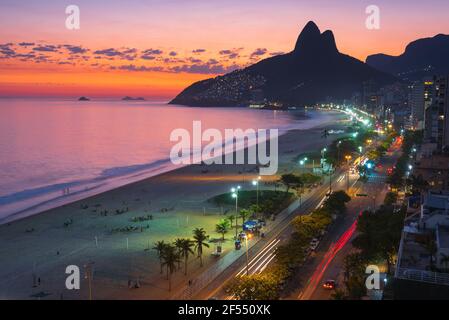 High Angle View of Ipanema Beach at Night Just After Sunset in Rio de Janeiro, Brazil Stock Photo