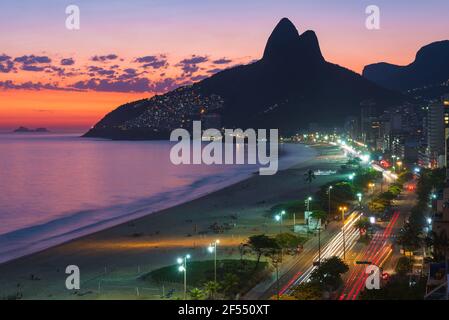 High Angle View of Ipanema Beach at Night Just After Sunset in Rio de Janeiro, Brazil Stock Photo