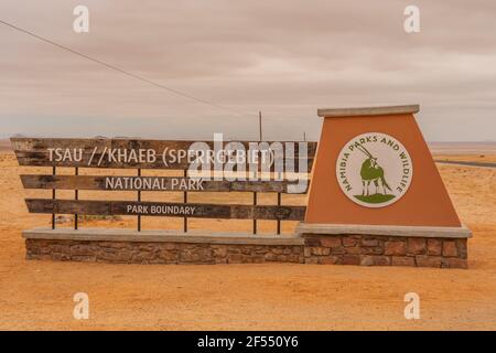 Sign from the Sperrgebiet, Tsau- Khaeb National Park in Namibia, Namib Naukluft Rand Stock Photo