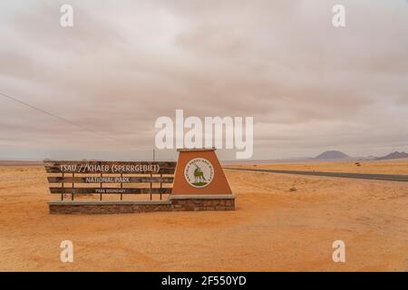Sign from the Sperrgebiet, Tsau- Khaeb National Park in Namibia, Namib Naukluft Rand Stock Photo