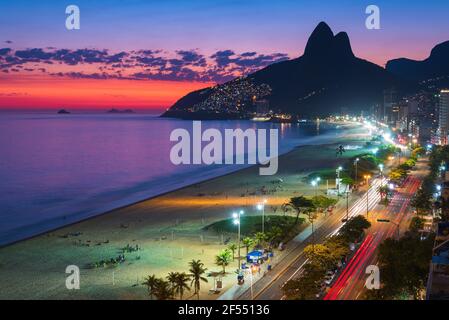 High Angle View of Ipanema Beach at Night Just After Sunset in Rio de Janeiro, Brazil Stock Photo