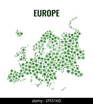Vector map of Europe. Collection of green cannabis leaves in a flat style. Vector illustration. Stock Vector