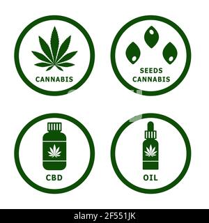 Set of cannabis, marijuana,hemp leaf,CBD Cannabidiol,seeds and oil icons. Flat vector illustration. Stock Vector