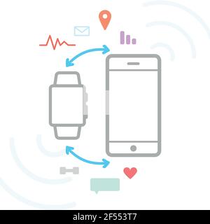 Smart device connectivity. Smartwatch, smartphone and technology icons. Vector illustration, flat design Stock Vector