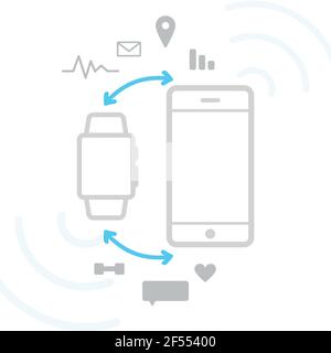 Smart device connectivity. Smartwatch, smartphone and technology icons. Vector illustration, flat design Stock Vector