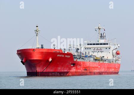 13 Mar 2021, Mumbai Harbor, Maharashtra, India. BRISTOL TRADER an Oil/Chemical Tanker docked near Mumbai Harbor Stock Photo