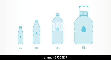 Plastic bottles with water icon set. Different sizes: 33cl, 0,5L, 1,5L, 5L. Vector illustration, flat design Stock Vector