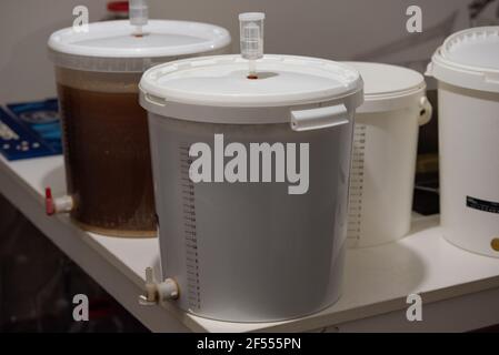 Buckets are widely used by home brewers for fermentation Stock Photo