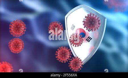 Coronavirus Sars-Cov-2 safety barrier. Steel shield painted as South Korea national flag defend against cells, source of covid-19 disease. Security ar Stock Photo