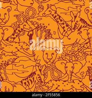 Seamless vector pattern with safari animals on orange background. Simple African line art wallpaper design for children. Stock Vector
