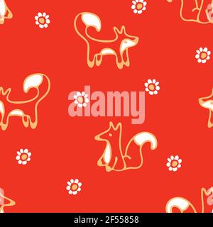 Seamless vector pattern with foxes and flowers on orange background. Cute animal wallpaper design for children. Hand drawn fashion textile. Stock Vector