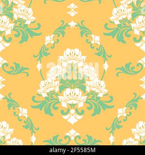 Seamless vector pattern with white lilies on yellow background. Beautiful damask floral wallpaper design. Decorative rococo fashion textile. Stock Vector