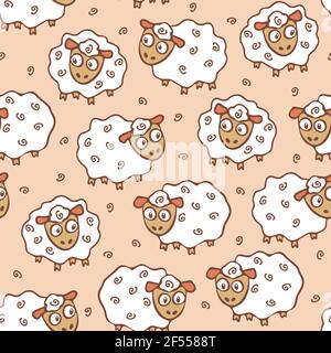 Seamless vector pattern with cartoon sheep on pink background. Cute animal wallpaper design with lamb. Stock Vector