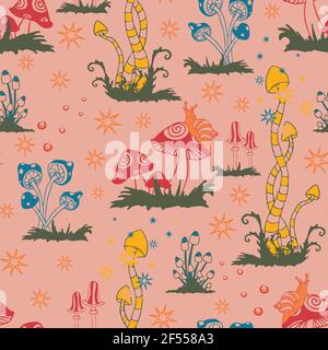Seamless vector pattern with colourful mushrooms on light pink background. Cute fantasy forest wallpaper design. Bright magic fashion textile. Stock Vector