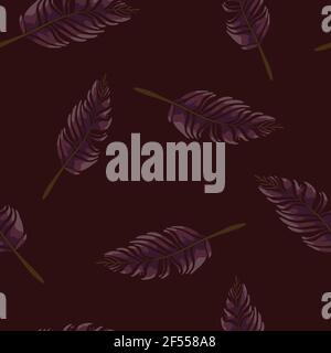 Seamless vector pattern with soft feathers on dark purple background. Beautiful gentle wallpaper design. Stock Vector