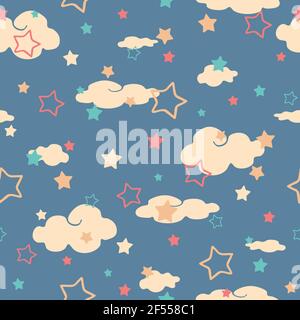 Seamless vector patter with stars and clouds on blue background. Children wallpaper design for bedroom. Simple nursery fashion textile. Stock Vector